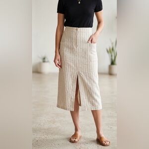 The Workshop Pencil Midi Skirt Linen Cotton Stripes Neutral Quiet Luxury SMALL